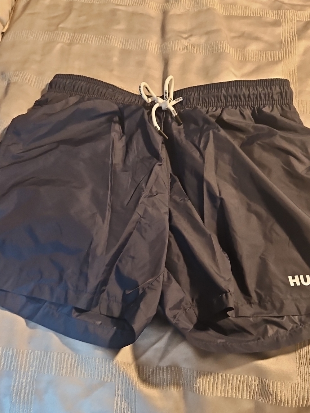 Hugo Boss Navy Blue Athletic Swim Shorts with White Drawstring